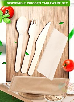 Lavish LAVISH 50- PACK Disposable Wooden Cutlery Set | Eco-Friendly, Biodegradable, Compostable | Individually Wrapped Fork, Spoon, Knife & Napkin | Perfect for Camping, Travel & Party Supplies  - Image 4