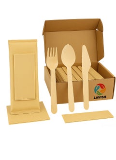 Lavish LAVISH 50- PACK Disposable Wooden Cutlery Set | Eco-Friendly, Biodegradable, Compostable | Individually Wrapped Fork, Spoon, Knife & Napkin | Perfect for Camping, Travel & Party Supplies  - Image 1