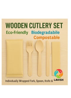 Lavish LAVISH 50- PACK Disposable Wooden Cutlery Set | Eco-Friendly, Biodegradable, Compostable | Individually Wrapped Fork, Spoon, Knife & Napkin | Perfect for Camping, Travel & Party Supplies  - Image 2