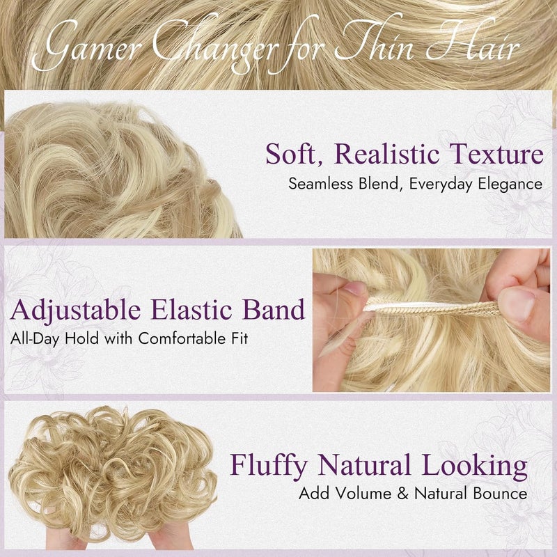 BARSDAR 2 PCS Messy Bun Hair Pieces, Elastic Blonde Messy Hair Bun Scrunchies Extensions for Women Synthetic Thick Fluffy Updo Chignons Hairpieces - Light Ash Brown & Bleach Blonde - Image 4