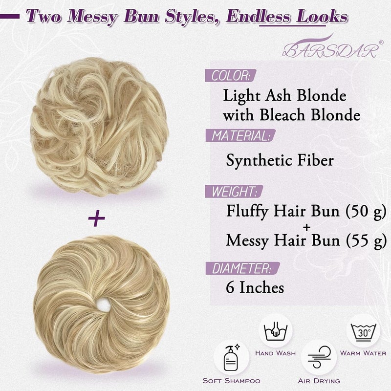 BARSDAR 2 PCS Messy Bun Hair Pieces, Elastic Blonde Messy Hair Bun Scrunchies Extensions for Women Synthetic Thick Fluffy Updo Chignons Hairpieces - Light Ash Brown & Bleach Blonde - Image 2