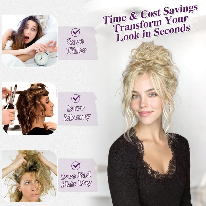 BARSDAR 2 PCS Messy Bun Hair Pieces, Elastic Blonde Messy Hair Bun Scrunchies Extensions for Women Synthetic Thick Fluffy Updo Chignons Hairpieces - Light Ash Brown & Bleach Blonde - Image 3