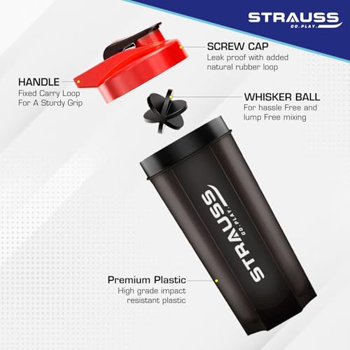 Strauss Recharge Shaker Bottle | BPA-Free Protein Shaker with Blender Ball | Leak-Proof Gym Bottle for Protein Shakes | Gym Bottle for Men and Women | Ideal for Gym, Yoga & Running, (Black/Red) - Image 3