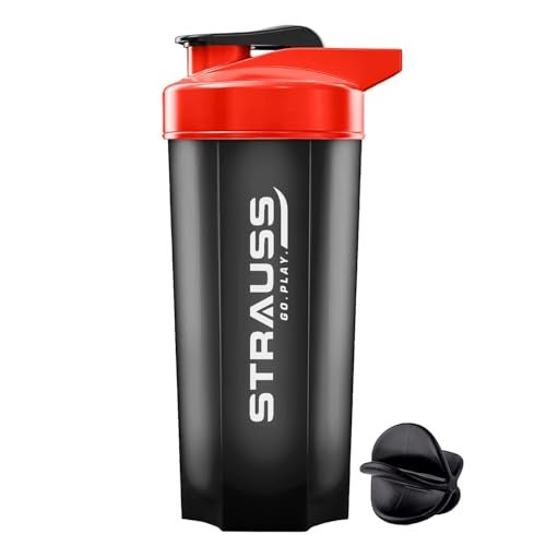 Strauss Recharge Shaker Bottle | BPA-Free Protein Shaker with Blender Ball | Leak-Proof Gym Bottle for Protein Shakes | Gym Bottle for Men and Women | Ideal for Gym, Yoga & Running, (Black/Red) - Image 1
