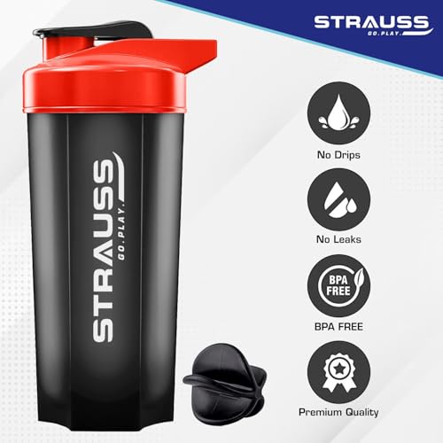 Strauss Recharge Shaker Bottle | BPA-Free Protein Shaker with Blender Ball | Leak-Proof Gym Bottle for Protein Shakes | Gym Bottle for Men and Women | Ideal for Gym, Yoga & Running, (Black/Red) - Image 2