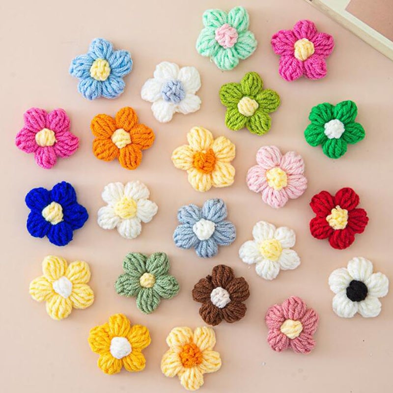 Ewandastore Ewanda store 100Pcs Crochet Flowers Puff Flowers Knitted Yarn Flowers Handmade Crochet Flowers for Crafts Embellishments DIY Hair Headbands Hats Clothing Accessories - Image 4