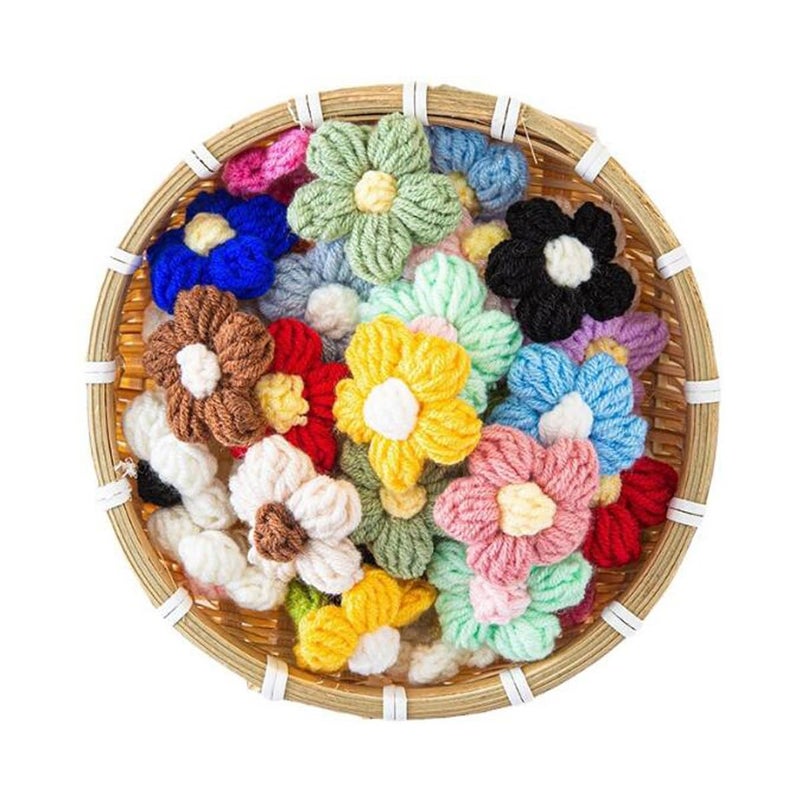 Ewandastore Ewanda store 100Pcs Crochet Flowers Puff Flowers Knitted Yarn Flowers Handmade Crochet Flowers for Crafts Embellishments DIY Hair Headbands Hats Clothing Accessories - Image 5