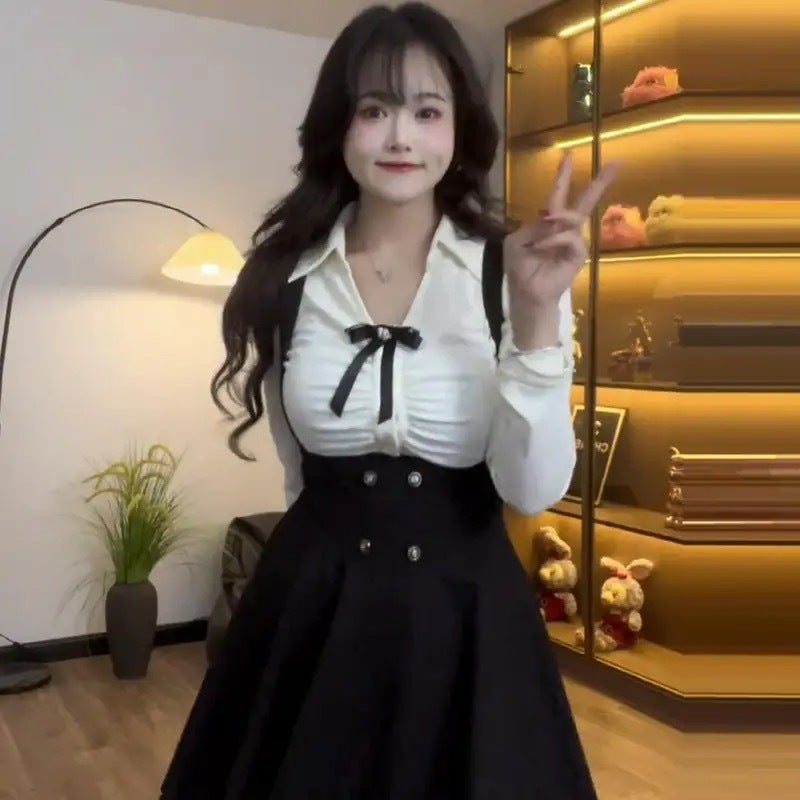 plus size chubby girl Elegant Pure suit Womens Autumn Slimming Polo Collar Shirt Strap Skirt College Two-piece Set White coat [single piece]]