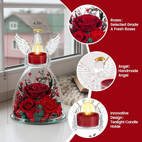 AIMEYE Mothers Day Roses Gifts for Mom, Preserved Roses in Glass Angel Figurines With Tealight Candle Holder,Fresh Flowers for Delivery,Mothers Day Flowers Gifts for Grandma Women Wife from Daughter/Red - Image 3