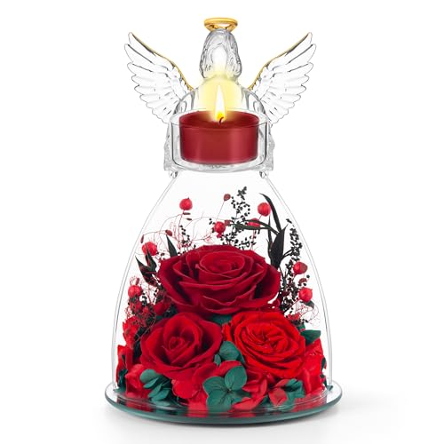 AIMEYE Mothers Day Roses Gifts for Mom, Preserved Roses in Glass Angel Figurines With Tealight Candle Holder,Fresh Flowers for Delivery,Mothers Day Flowers Gifts for Grandma Women Wife from Daughter/Red - Image 1