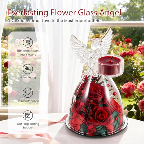 AIMEYE Mothers Day Roses Gifts for Mom, Preserved Roses in Glass Angel Figurines With Tealight Candle Holder,Fresh Flowers for Delivery,Mothers Day Flowers Gifts for Grandma Women Wife from Daughter/Red - Image 2