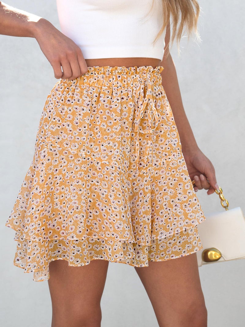 Caracilia Skorts for Women Boho Casual Beach Mini Skirts Summer Floral Ruffle Chiffon Flowy Shorts 2026 Trendy Outfits Yellow Black Floral XX-Large - Image 4
