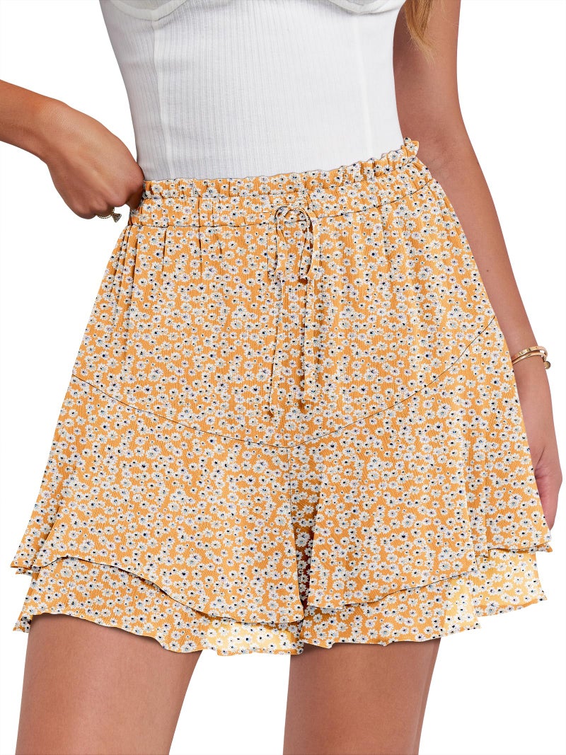 Caracilia Skorts for Women Boho Casual Beach Mini Skirts Summer Floral Ruffle Chiffon Flowy Shorts 2026 Trendy Outfits Yellow Black Floral XX-Large - Image 1