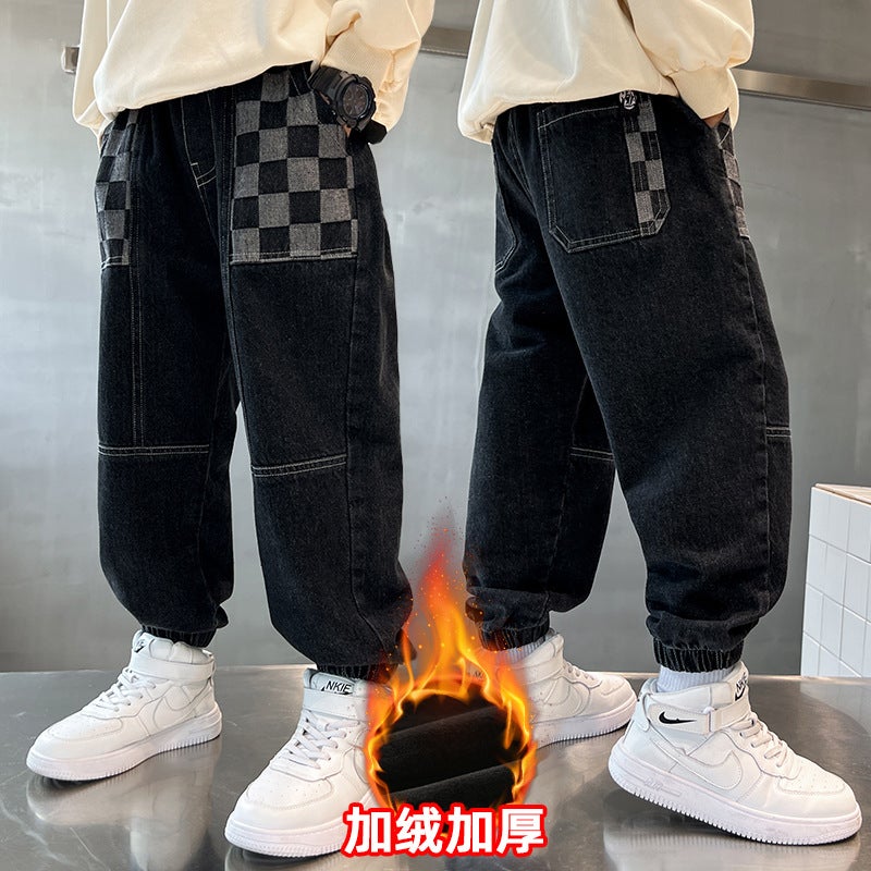 Boys' Fleece-Lined Thickened Pants 2025 Winter New Jeans For Older Children, Stylish Boys' Long Pants - Image 5