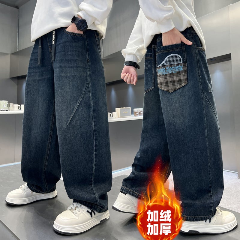 Boys' Fleece-Lined Thickened Pants 2025 Winter New Jeans For Older Children, Stylish Boys' Long Pants - Image 4