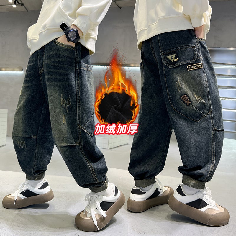 Boys' Fleece-Lined Thickened Pants 2025 Winter New Jeans For Older Children, Stylish Boys' Long Pants - Image 3