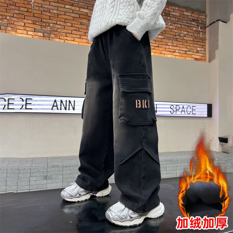 Boys' Fleece-Lined Thickened Pants 2025 Winter New Jeans For Older Children, Stylish Boys' Long Pants - Image 1