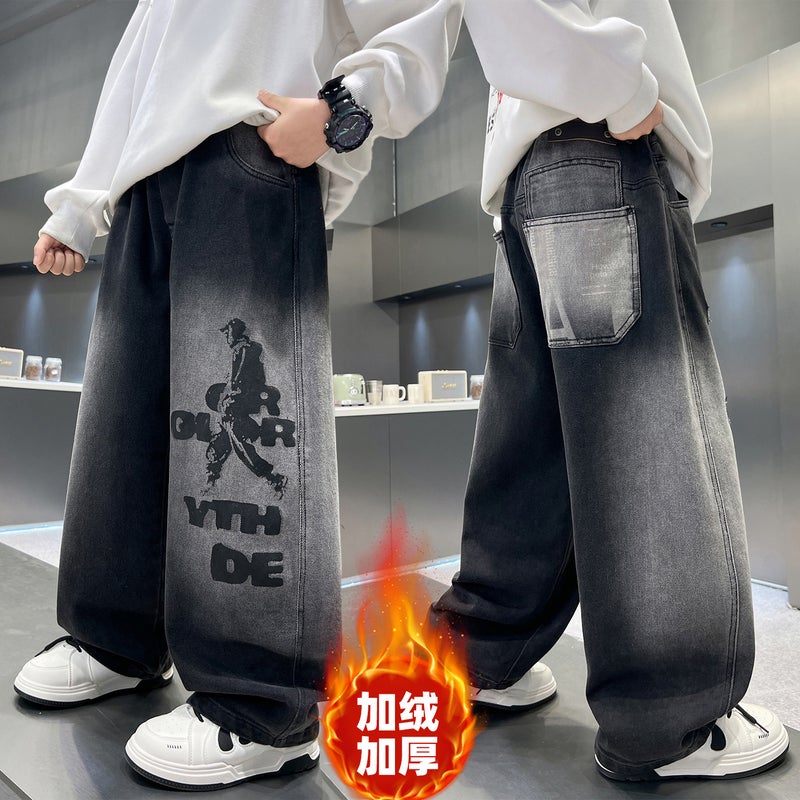 Boys' Fleece-Lined Thickened Pants 2025 Winter New Jeans For Older Children, Stylish Boys' Long Pants - Image 2