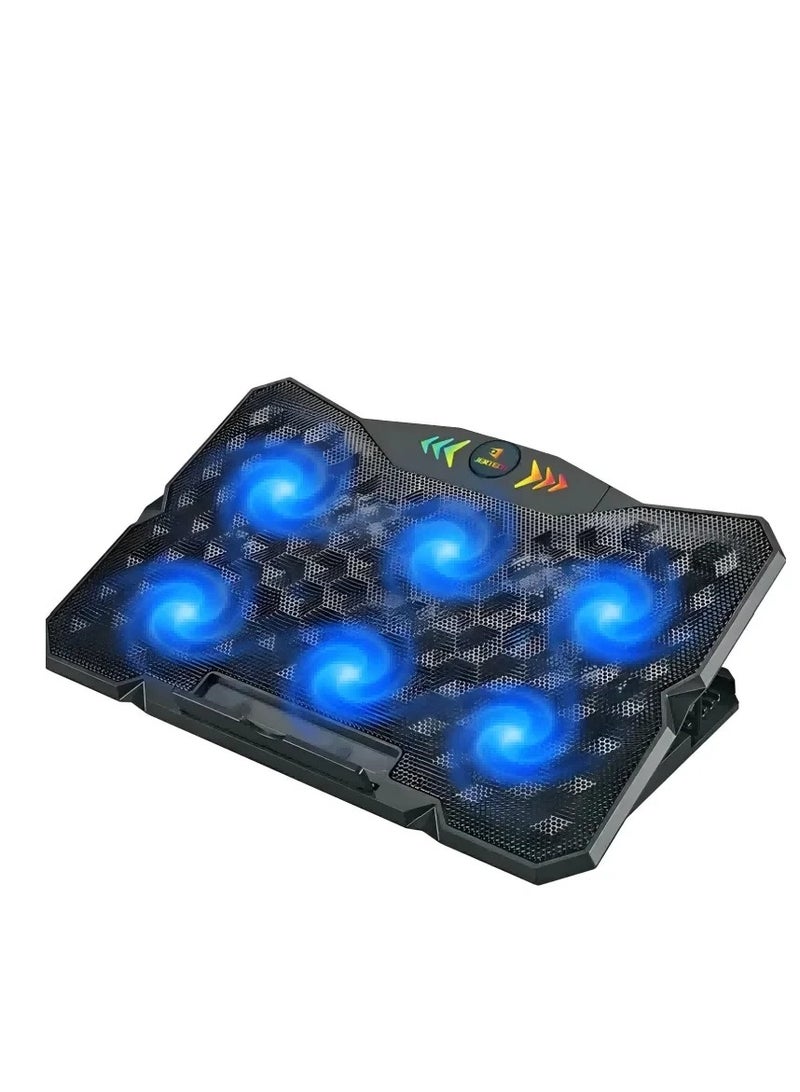 جيرتك لوحة تبريد لأجهزة الكمبيوتر المحمولة للألعاب KL333 - 6 مراوح LED زرقاء هادئة مع شعار RGB - منفذا USB للتحكم في السرعة - تدعم حتى 19 بوصة | أسود - Image 1