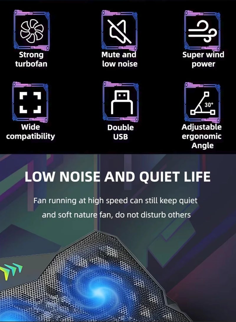 جيرتك لوحة تبريد لأجهزة الكمبيوتر المحمولة للألعاب KL333 - 6 مراوح LED زرقاء هادئة مع شعار RGB - منفذا USB للتحكم في السرعة - تدعم حتى 19 بوصة | أسود - Image 3