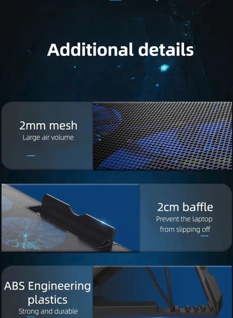 جيرتك لوحة تبريد لأجهزة الكمبيوتر المحمولة للألعاب KL333 - 6 مراوح LED زرقاء هادئة مع شعار RGB - منفذا USB للتحكم في السرعة - تدعم حتى 19 بوصة | أسود - Image 4