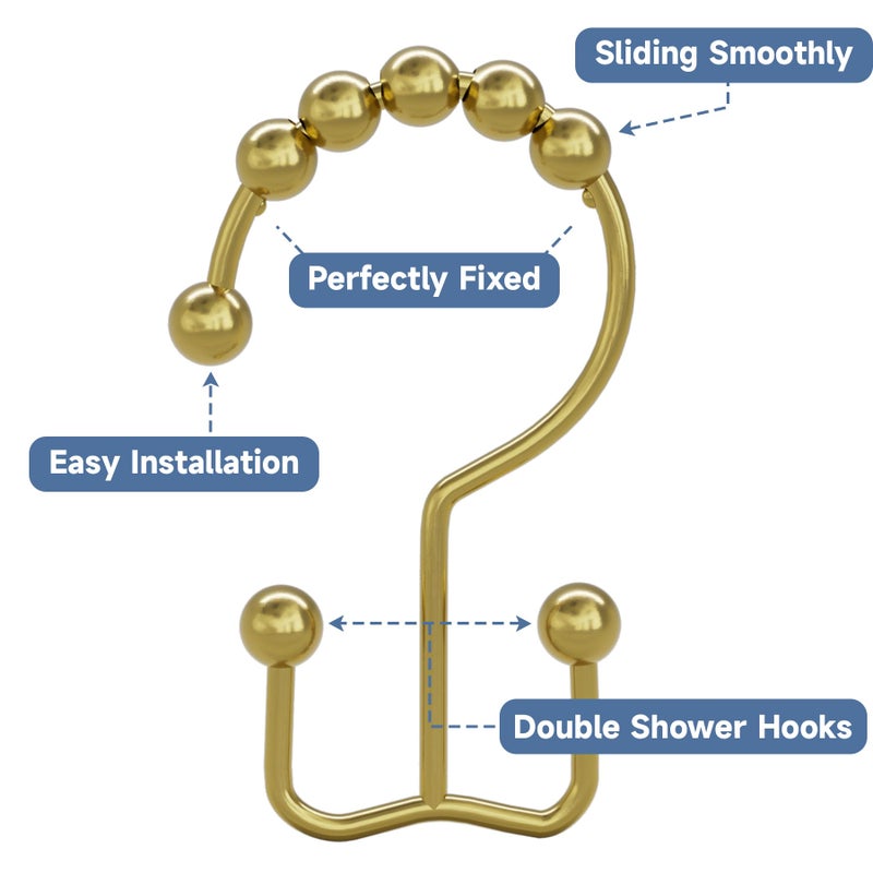 Titanker Gold Shower Curtain Hooks Rings, Rust-Resistant Metal Double Glide Shower Hooks Rings for Bathroom Shower Curtains Rods, Set of 12 Hooks - Gold - Image 4