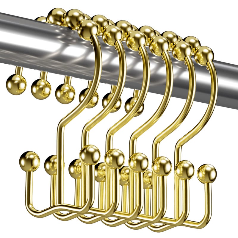 Titanker Gold Shower Curtain Hooks Rings, Rust-Resistant Metal Double Glide Shower Hooks Rings for Bathroom Shower Curtains Rods, Set of 12 Hooks - Gold - Image 1