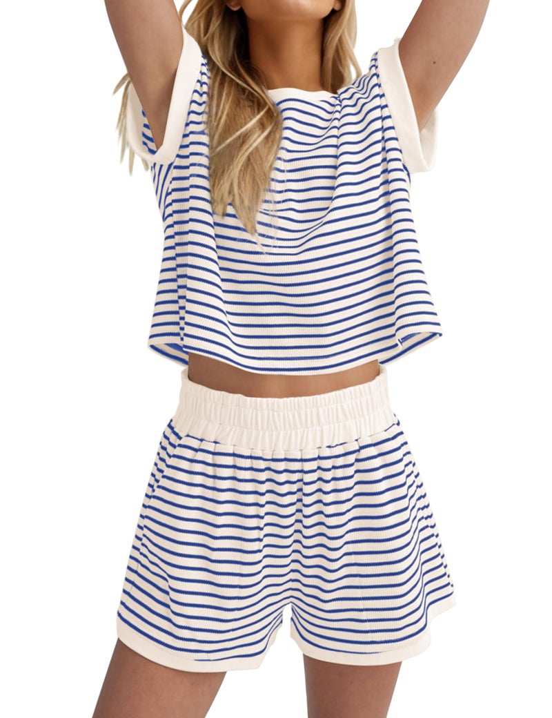 MISSACTIVER 2 Piece Lounge Set Women Stripe Knit Short Sleeve Tee Shirts Shorts Casual Summer Loungewear Shorts Sets - Image 1