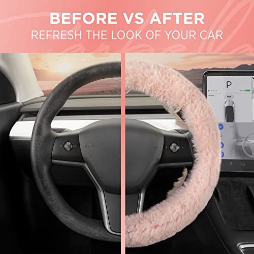 Carbella Soft Pink Fuzzy Steering Wheel Cover, Standard 15 Inch Size Fits Most Vehicles, Cute Faux Fur Car Steering Cover with Soft Fluffy Furry Touch, Car Accessories for Women - Image 4