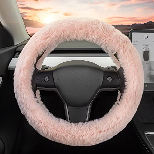 Carbella Soft Pink Fuzzy Steering Wheel Cover, Standard 15 Inch Size Fits Most Vehicles, Cute Faux Fur Car Steering Cover with Soft Fluffy Furry Touch, Car Accessories for Women - Image 1