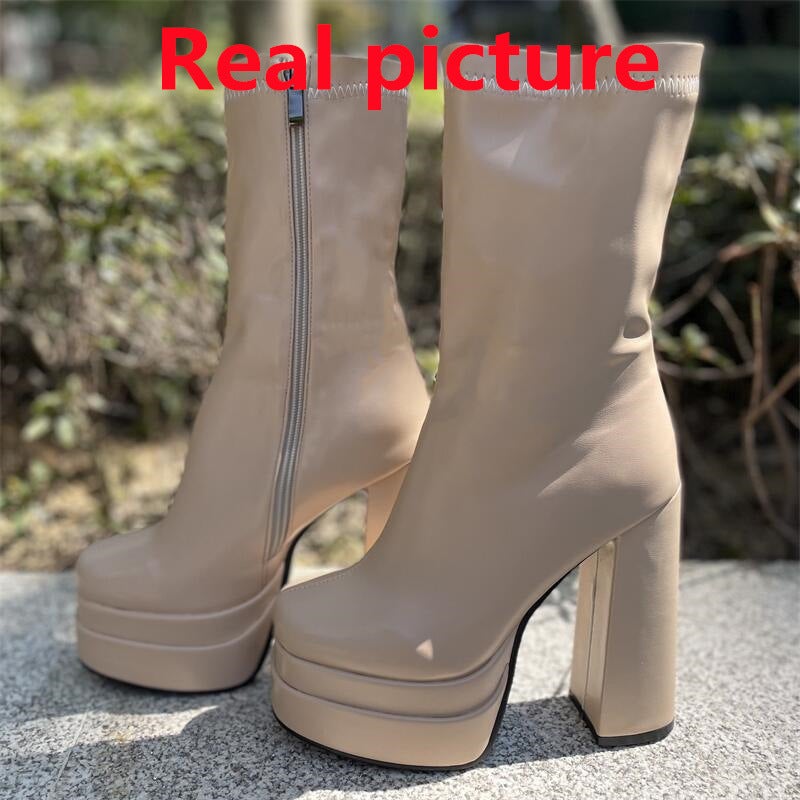 2022 New Women'S Shoes Square Toe Chunky Heel Platform Four Seasons Ankle Boots Plus Size 35-43 Size - Image 1