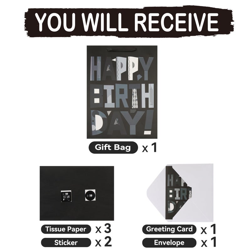wishinside 16.5â€ Extra Large Black Happy Birthday Gift Bag Set with Handles, Greeting Card, Tissue Papers and Stickers for Men Boys Kids Teens, Cartoon Design, 1 Pcs - Image 3