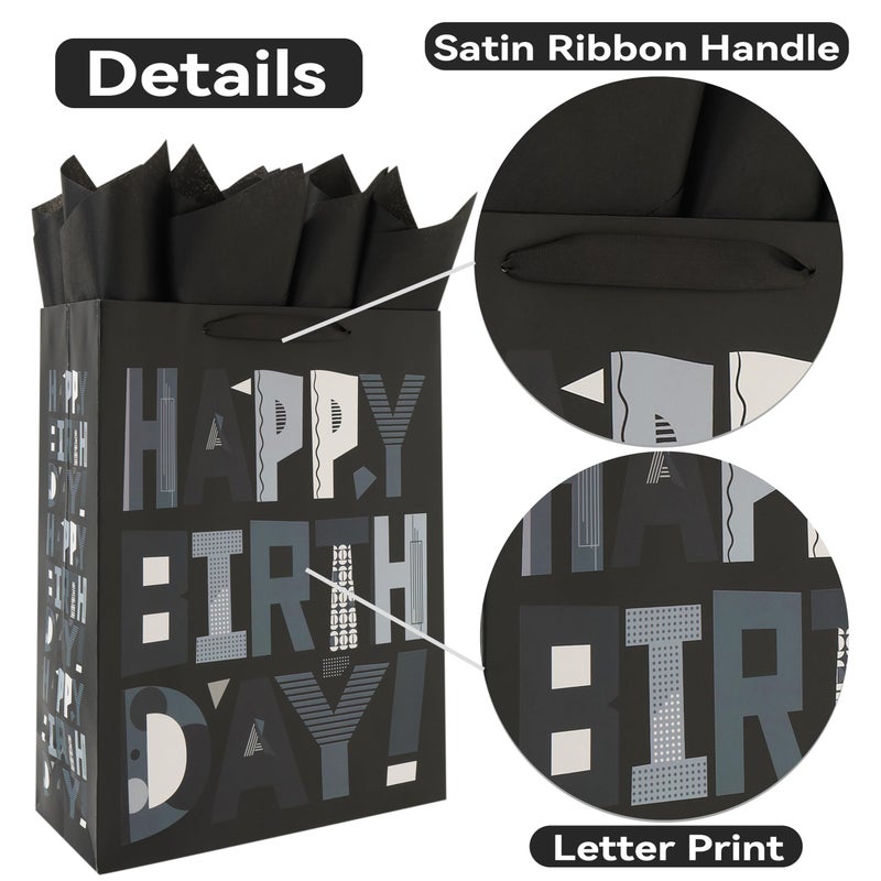 wishinside 16.5â€ Extra Large Black Happy Birthday Gift Bag Set with Handles, Greeting Card, Tissue Papers and Stickers for Men Boys Kids Teens, Cartoon Design, 1 Pcs - Image 4