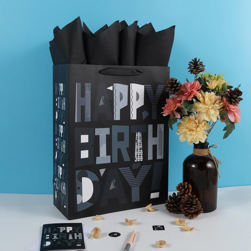 wishinside 16.5â€ Extra Large Black Happy Birthday Gift Bag Set with Handles, Greeting Card, Tissue Papers and Stickers for Men Boys Kids Teens, Cartoon Design, 1 Pcs - Image 5