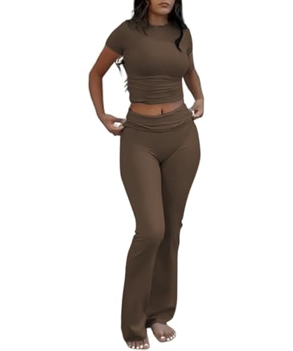 COPYLEAF Two Piece Lounge Sets for Women Fold Over Flare Pants Short Sleeve Crop Top Y2k Outfits Matching Set Tracksuit(Brown XS) - Image 1