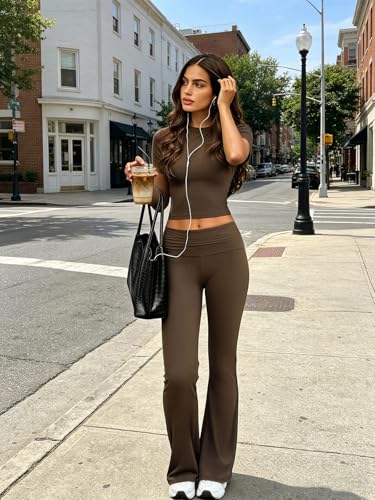 COPYLEAF Two Piece Lounge Sets for Women Fold Over Flare Pants Short Sleeve Crop Top Y2k Outfits Matching Set Tracksuit(Brown XS) - Image 2