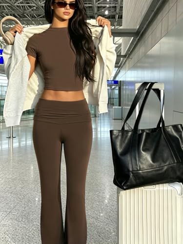 COPYLEAF Two Piece Lounge Sets for Women Fold Over Flare Pants Short Sleeve Crop Top Y2k Outfits Matching Set Tracksuit(Brown XS) - Image 5