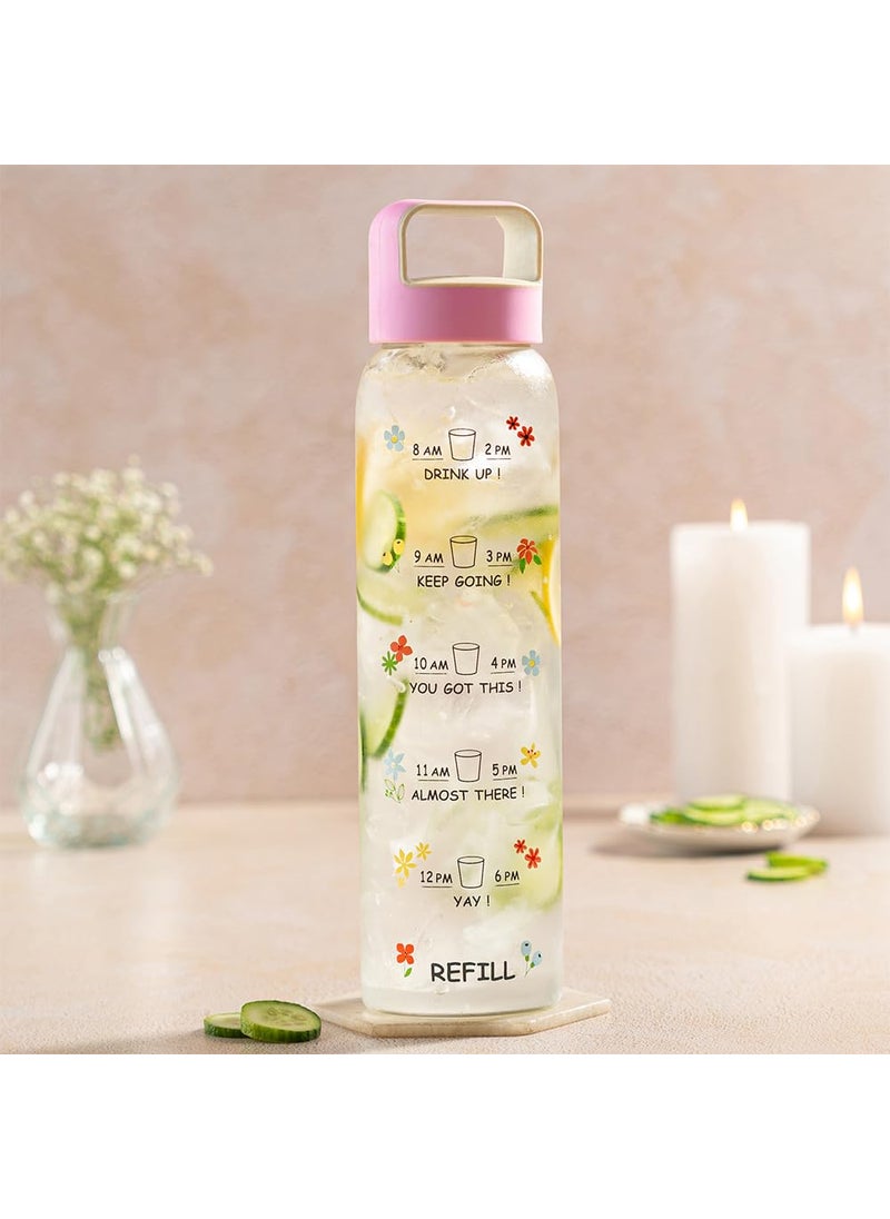 BOROSIL Borosil Neo Motivational Time Marker Glass Water Bottle with Pink Husk Lid  1000 ml Borosilicate Glass Extreme Temperature Resistant For Hot  Cold  Bottle for Milk Lassi Juice  AM PM Bottle  - Image 1