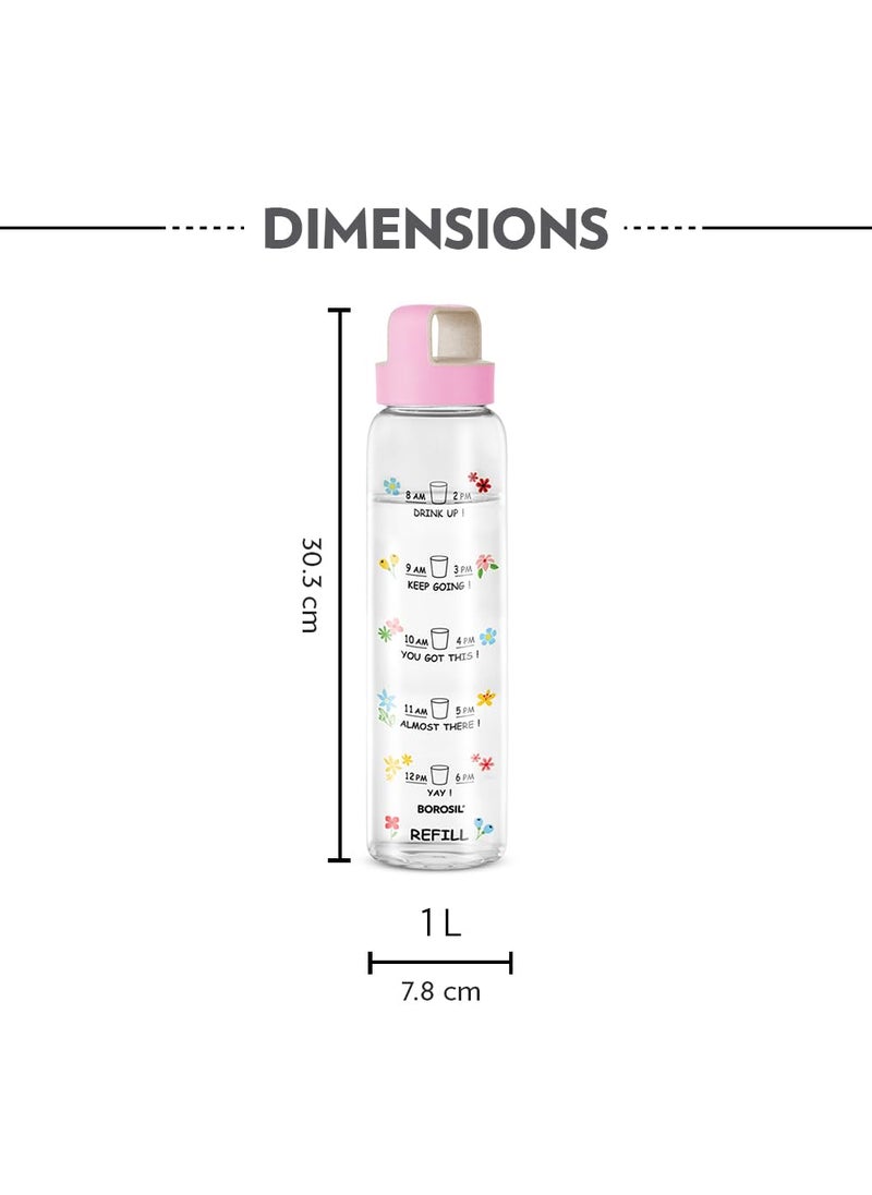 BOROSIL Borosil Neo Motivational Time Marker Glass Water Bottle with Pink Husk Lid  1000 ml Borosilicate Glass Extreme Temperature Resistant For Hot  Cold  Bottle for Milk Lassi Juice  AM PM Bottle  - Image 2
