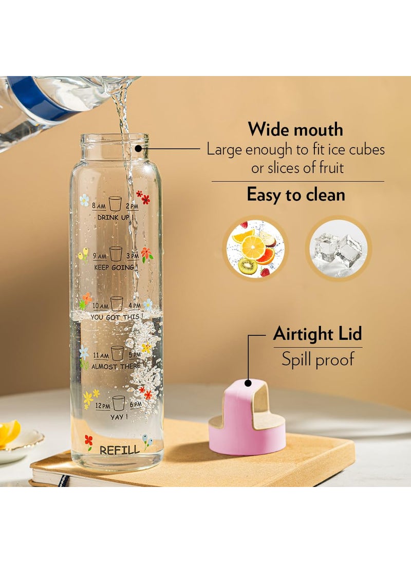 BOROSIL Borosil Neo Motivational Time Marker Glass Water Bottle with Pink Husk Lid  1000 ml Borosilicate Glass Extreme Temperature Resistant For Hot  Cold  Bottle for Milk Lassi Juice  AM PM Bottle  - Image 3