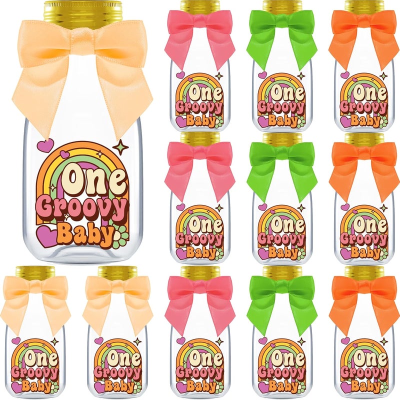 Ethisa Small 12 Pack One Groovy Baby Party Favors - DIY Candy Jars with Ribbons and Stickers - Funky Party Decoration Bottles for 1st Birthday Bash for Boy or Girl - Retro Hippie Table Centerpieces - Image 1