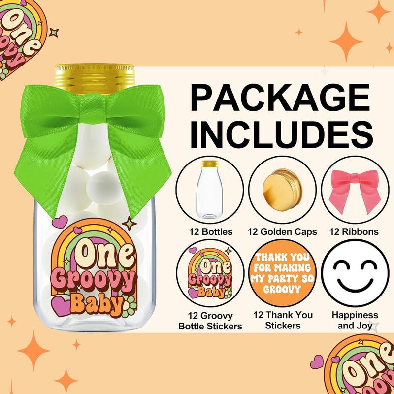 Ethisa Small 12 Pack One Groovy Baby Party Favors - DIY Candy Jars with Ribbons and Stickers - Funky Party Decoration Bottles for 1st Birthday Bash for Boy or Girl - Retro Hippie Table Centerpieces - Image 2