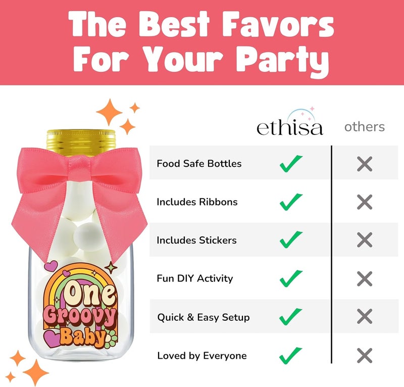 Ethisa Small 12 Pack One Groovy Baby Party Favors - DIY Candy Jars with Ribbons and Stickers - Funky Party Decoration Bottles for 1st Birthday Bash for Boy or Girl - Retro Hippie Table Centerpieces - Image 5