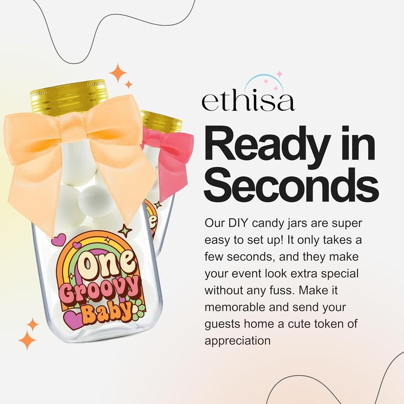 Ethisa Small 12 Pack One Groovy Baby Party Favors - DIY Candy Jars with Ribbons and Stickers - Funky Party Decoration Bottles for 1st Birthday Bash for Boy or Girl - Retro Hippie Table Centerpieces - Image 3