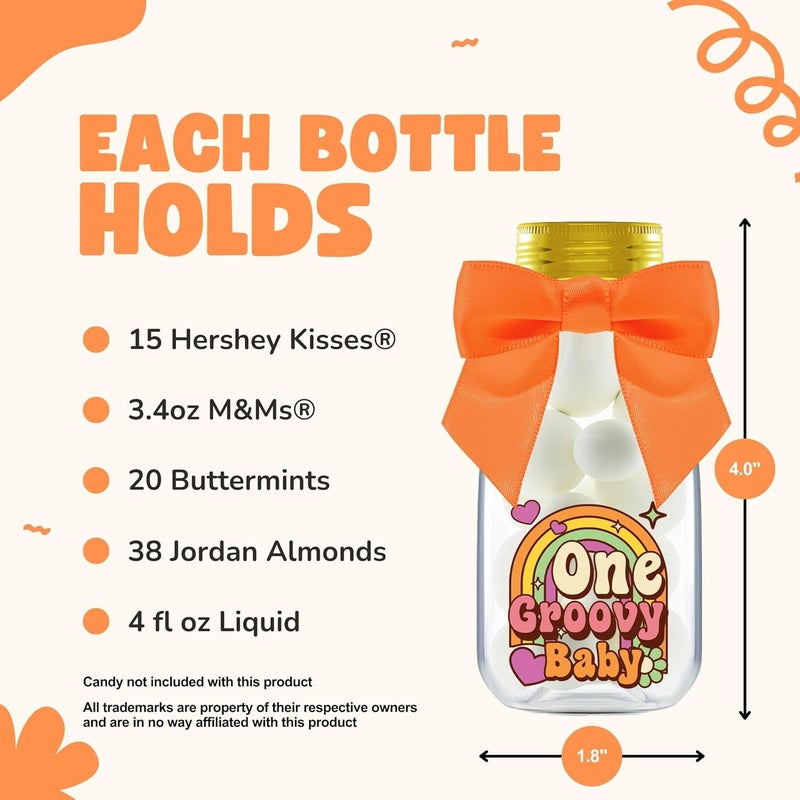 Ethisa Small 12 Pack One Groovy Baby Party Favors - DIY Candy Jars with Ribbons and Stickers - Funky Party Decoration Bottles for 1st Birthday Bash for Boy or Girl - Retro Hippie Table Centerpieces - Image 4