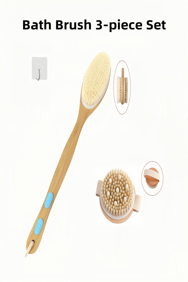 3-piece set, dry brush body and shower brush with soft and hard bristles with hook, with soft bristles and non-slip handle, double-sided handheld bath brush set with massage nodules, including long handle and palm-sized brush, perfect for exfoliation and skin massage. (Nanmu) - Image 1