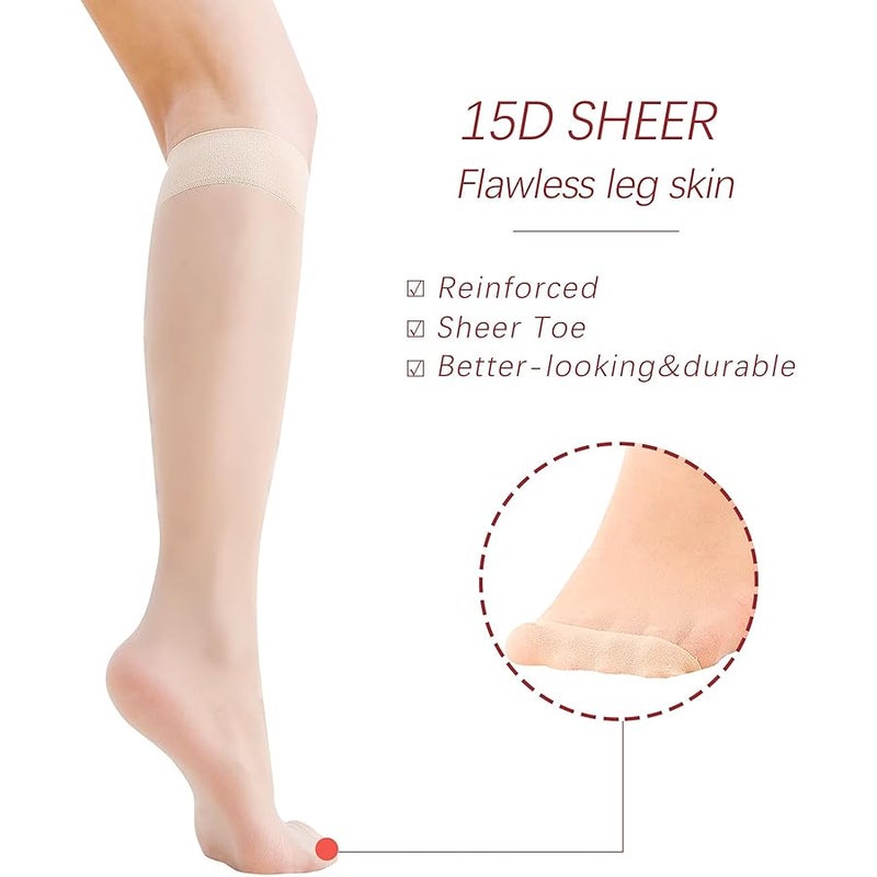 FeinYee 6 Pairs Knee High Stockings for Women, Elastic Fine Sheer Socks with Reinforced Toes 20 Denier Nylon One Size - Image 4