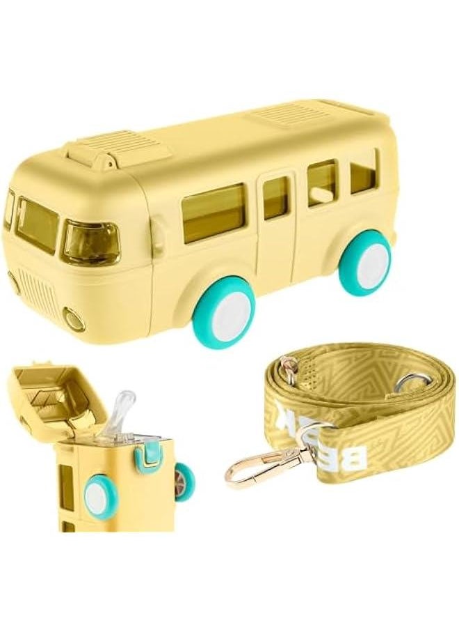 HOOKOR Car Straw Water Cup, 500ML Summer Cute Bus Water Bottle with Shoulder Strap, Leak-Proof Kids Square Drinking Cup Cute Cartoon Water Jug Toy Locking Flip Lid Water Kettle for Kids (Yellow)  - Image 1