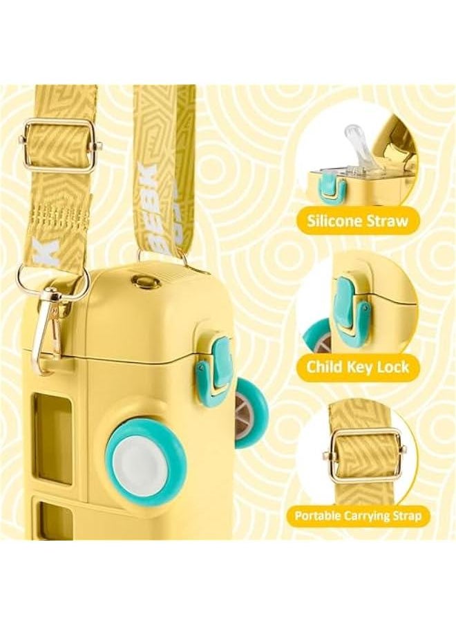 HOOKOR Car Straw Water Cup, 500ML Summer Cute Bus Water Bottle with Shoulder Strap, Leak-Proof Kids Square Drinking Cup Cute Cartoon Water Jug Toy Locking Flip Lid Water Kettle for Kids (Yellow)  - Image 3
