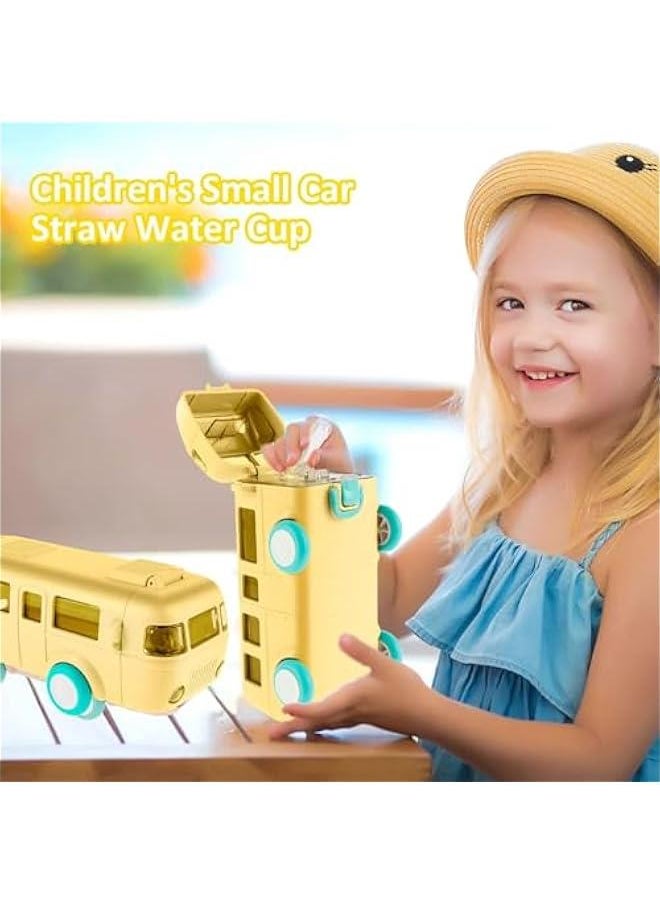 HOOKOR Car Straw Water Cup, 500ML Summer Cute Bus Water Bottle with Shoulder Strap, Leak-Proof Kids Square Drinking Cup Cute Cartoon Water Jug Toy Locking Flip Lid Water Kettle for Kids (Yellow)  - Image 4